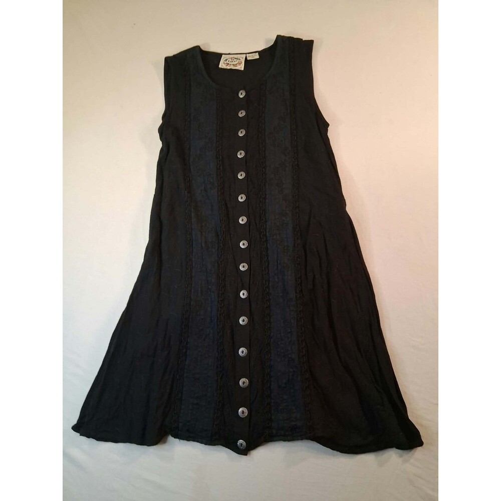 Vintage 24 Karat Black Rayon Dress M Embroidered Button Front Sleeveless Mini